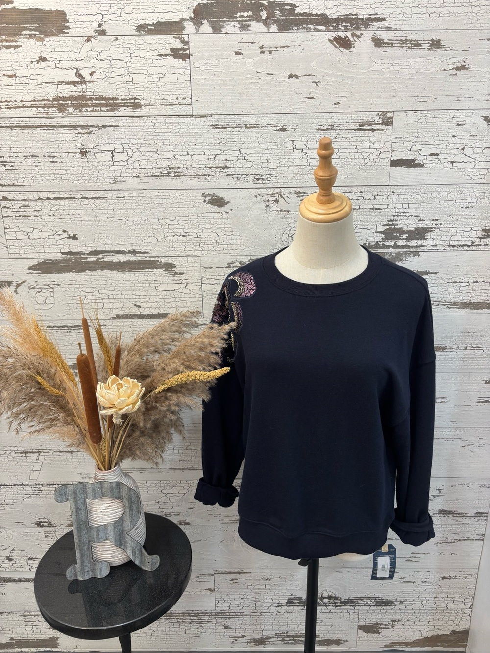 Democracy Navy & Purple Embellished Shoulder Crewneck Sweatshirt
